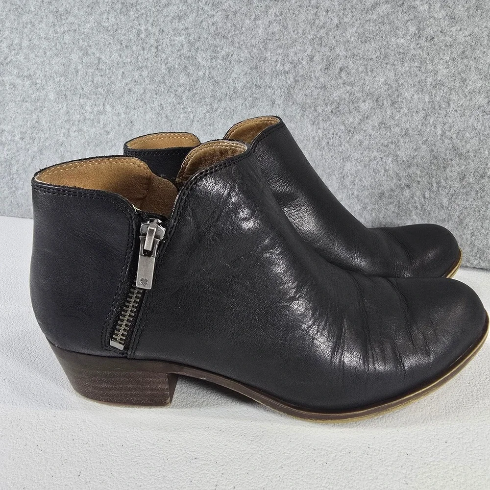 Lucky Brand Burklee Black Leather Ankle Boots Dual Zip Low Block Heel 8M 38.5